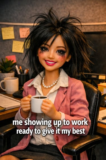 An exhausted woman in the office wearing stained clothes, messy hair, and messy mascara