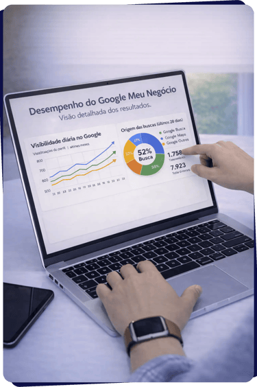 Gráficos de desempenho do Google Meu Negócio com crescimento contínuo de buscas, visualizações e interações