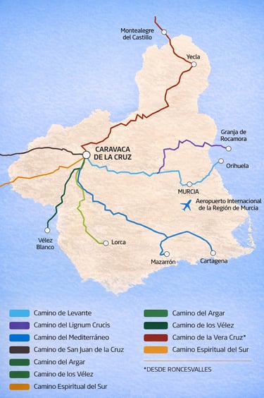 Pedestrian routes that allow pilgrimages to Caravaca de la Cruz from different points in Murcia and