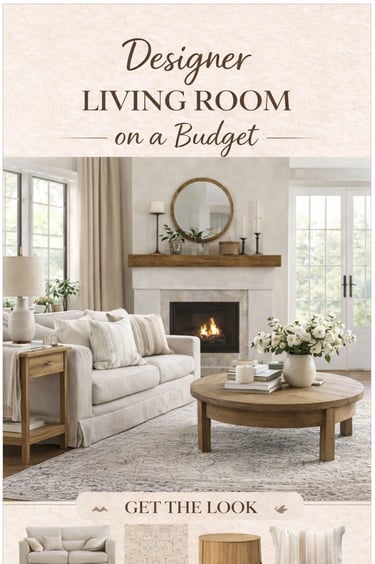 Designer living room on a budget with neutral farmhouse decor and cozy layered textures