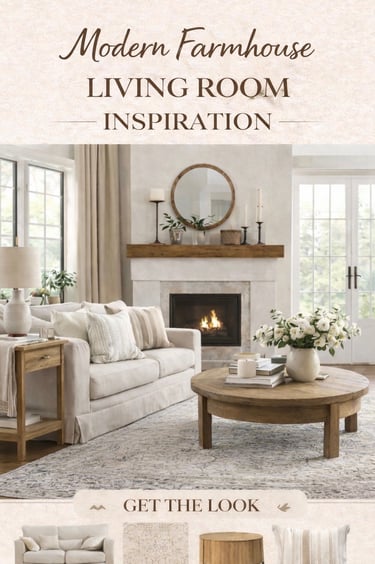 Modern farmhouse living room inspiration featuring neutral sofa, rustic wood coffee table, vintage r