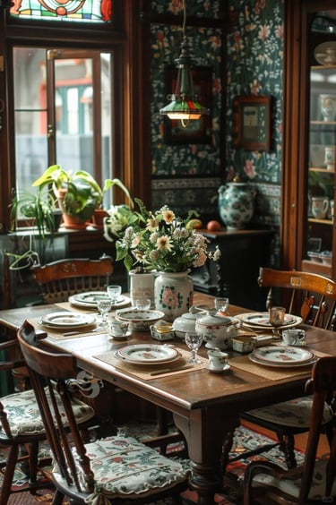William Morris-inspired interior featuring botanical patterns, natural materials, and traditional Ar