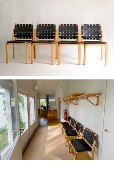 Wooden chairs with black woven seats, showing Alvar Aalto’s practical Nordic furniture style