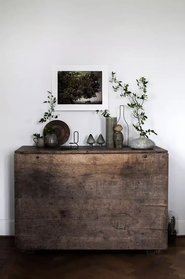 Collage of teak wood information, timber boards, wooden storage furniture and rustic wood textures f