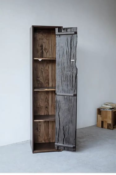 Collage of teak wood information, timber boards, wooden storage furniture and rustic wood textures f