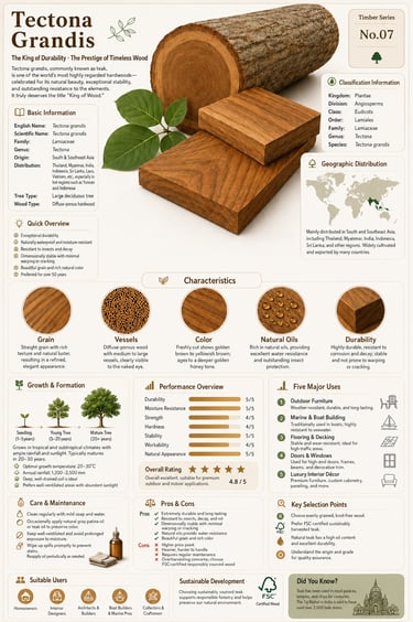 Teak wood infographic showing Tectona grandis characteristics, natural oils, durability, outdoor use