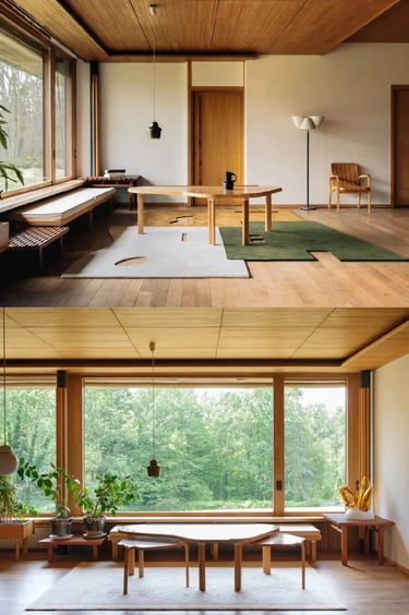 Bright interior corridor with wooden chairs, large windows and soft natural light in Alvar Aalto sty