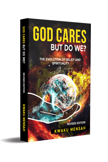 God Cares But Do We? book cover by Kwaku Mensah featuring the Earth in hands amidst space.