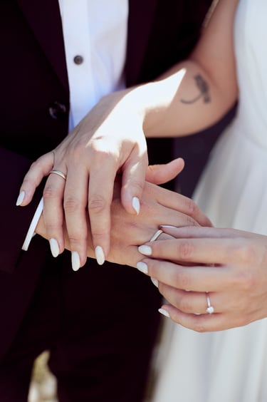 Close-up of bride's and groom's hands.