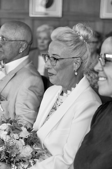 Bride sitting during a civil marriage ceremony.