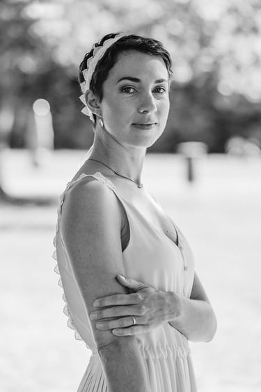 Portrait of bride with short hair.