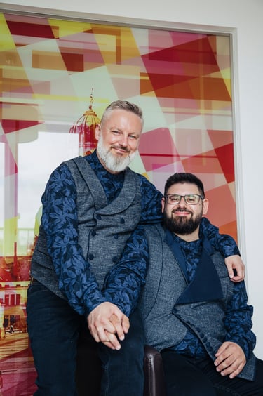 Portrait of a gay couple before their wedding ceremony.