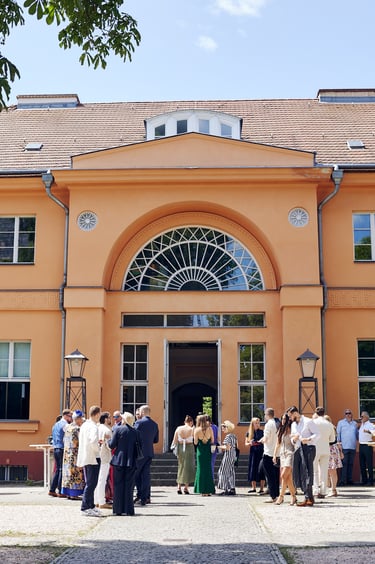Wedding guests outside Gusthaus Steglitz in Berlin.