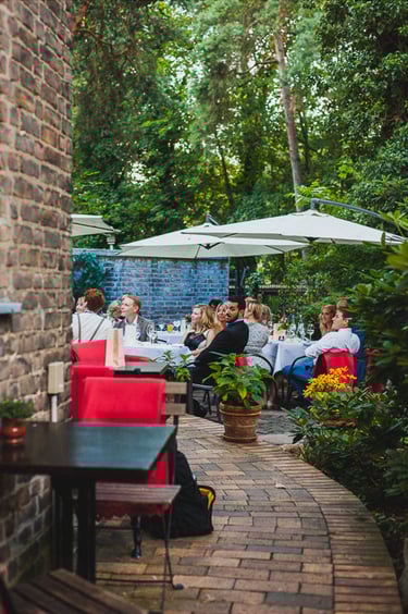 Wedding reception at an outdoor cafe.