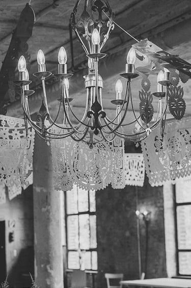 A chandelier with bulbs at the old carpet factory in Berlin.