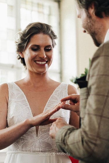 Groom putting on a wedding band on his bride.