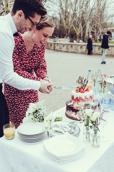 Bride and groom cutting cake in a park.