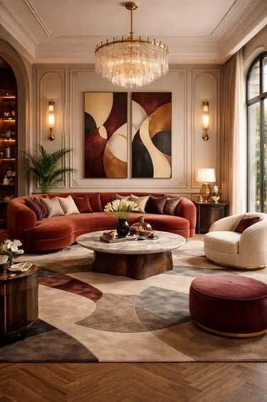 2026 Neo Deco Living Room: Moody Terracotta Curved Sofa & Luxury Abstract Decor