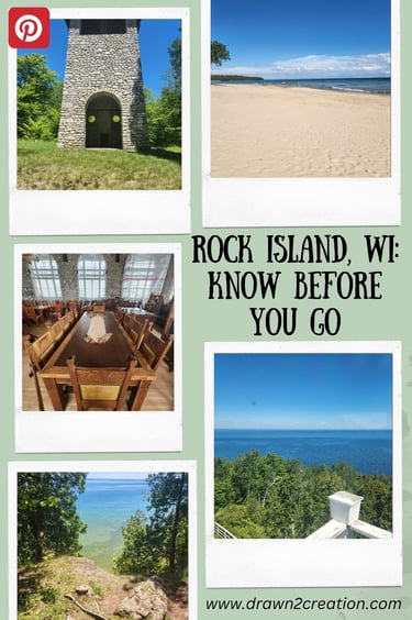 Pictures of things to see on Rock Island, Wisconsin. Includes a beach area and historic boathouse.