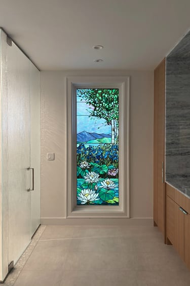 Stained glass window lights off, pure transmitted color, Jim Anderson, Erica Fossati Design Greater Boston