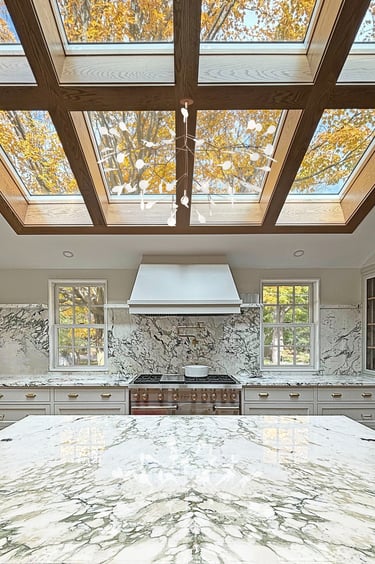 Luxury powder room botanical wallpaper marble vanity Reading MA — Erica Fossati Design