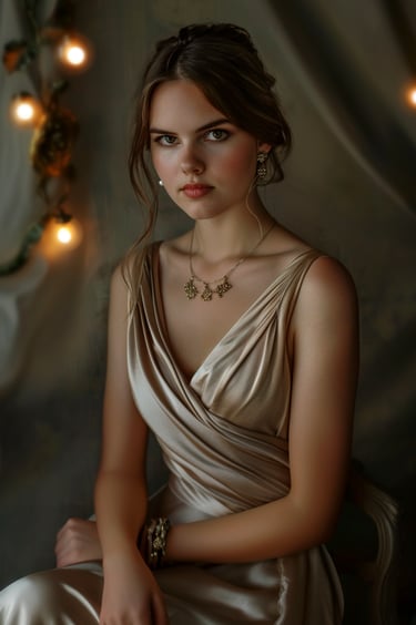 Prom Look Idea Modern Minimalist. Champagne Neutral Dress. Modernist Necklace. Drop Earrings