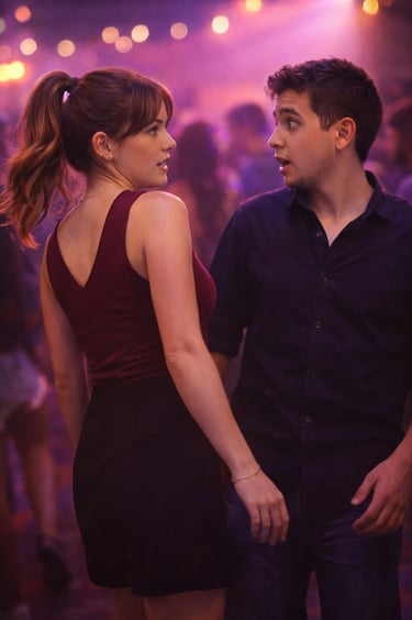 Pareja joven se mira en una discoteca con luces violetas y ambiente nocturno