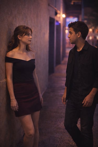 Chico se acerca a chica en un callejón de noche con luz cálida y tenue