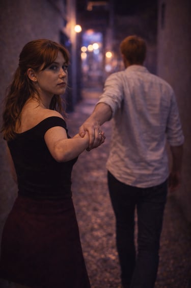 Joven mira atrás mientras toma la mano de un chico en una calle de noche