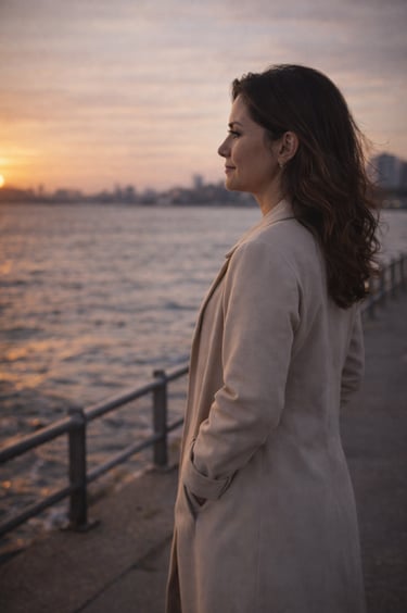 Mujer observa el rio y el atardecer en un malecón con expresión serena.
