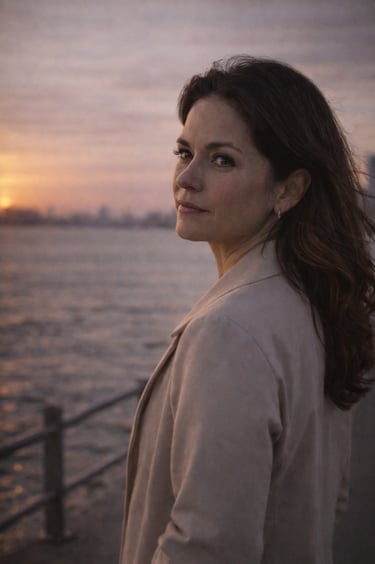 Mujer mira hacia atrás en atardecer junto al río en un malecón urbano