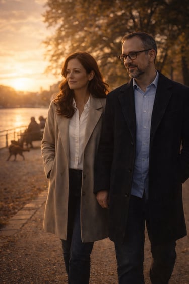 Pareja adulta camina junto al río al atardecer en un malecón con luz cálida