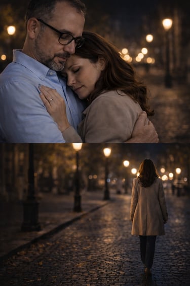 Hombre y mujer se abrazan en una calle nocturna y luego la mujer comienza a caminar para alejarse