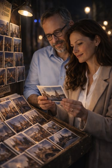 Hombre y mujer observan postales en un puesto callejero iluminado de noche