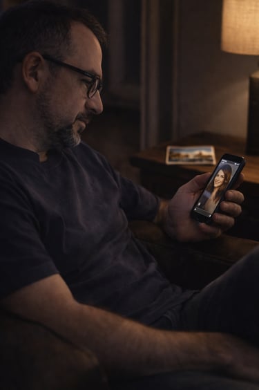 Hombre observa una foto en su celular sentado en casa con luz cálida