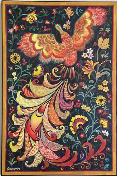 18x27 painting of Russian folklore character Firebird done in colorful Khokhloma stile 