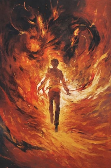 Anime man walking through swirling flames — Cosmic Art | Anime Painting