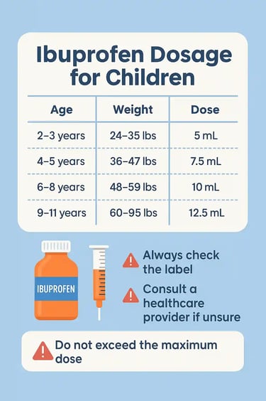 Infographic on safe ibuprofen use in children with dosage by age and weight, side effects, and pediatric safety tips