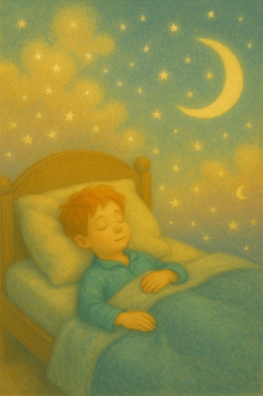 Enfant endormi paisiblement dans son lit, sous un ciel étoilé et une lune bienveillante.