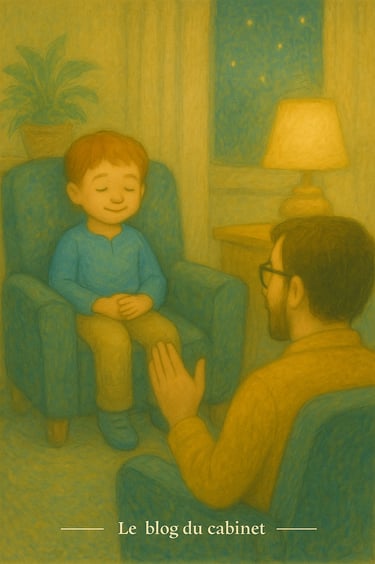 Enfant apaisé assis en séance d’hypnose, guidé avec bienveillance dans un cadre chaleureux.