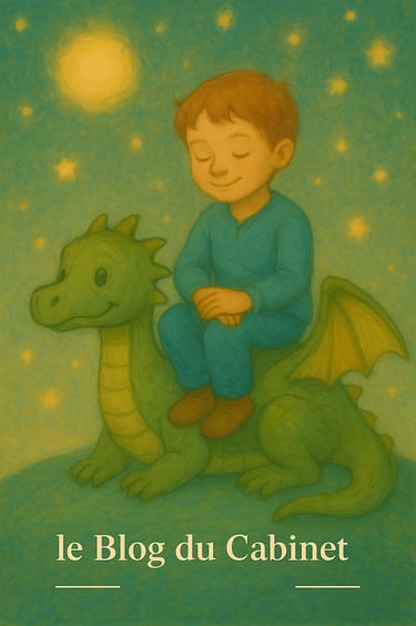 Enfant serein assis sur un dragon sous un ciel étoilé, ambiance féerique et rassurante.