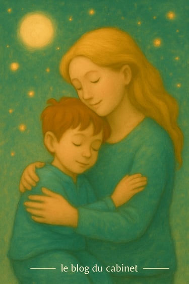 Mère et enfant blottis tendrement sous un ciel étoilé, ambiance rassurante et douce.
