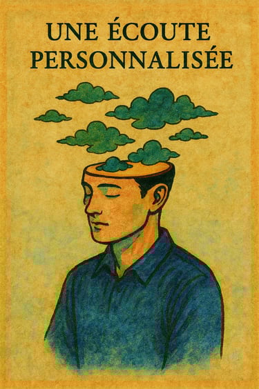 Illustration artistique d’un homme aux yeux fermés, avec des nuages flottant au-dessus de sa tête, s