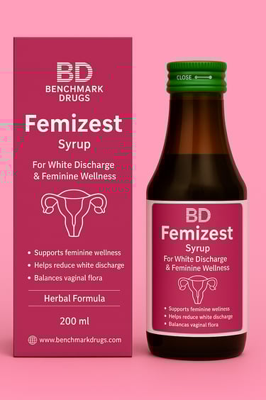 alt="Femizest Syrup women’s wellness and hormonal support tonic by Benchmark Drugs"