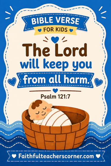 Psalm 121:7 Bible verse for kids with Baby Moses illustration about God watching over us