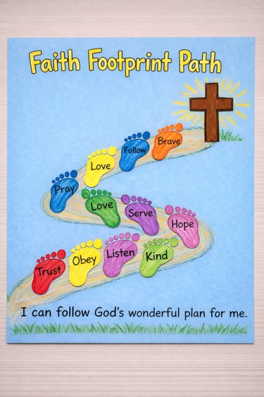 Kids faith footprint craft leading to a cross.
