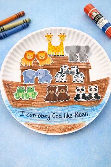 Noah’s Ark animal pairs paper plate craft for kids Sunday school obedience Bible lesson