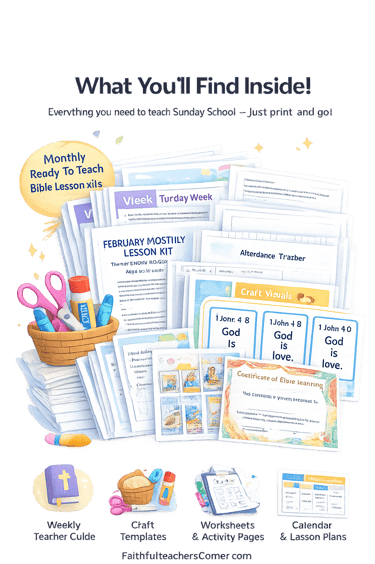 February ready-to-teach Bible lesson kit for kids with printable lessons, crafts, and worksheets