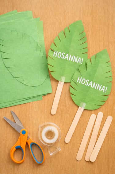 Palm Sunday palm branch craft for kids made with green paper and popsicle sticks with word Hosanna