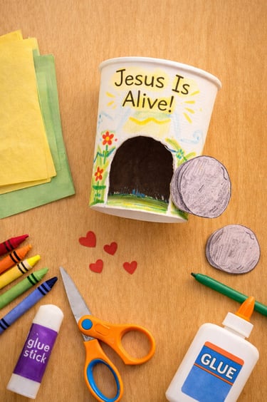 Jesus is alive empty tomb Easter craft for kids made with a paper cup, crayons, and glue.